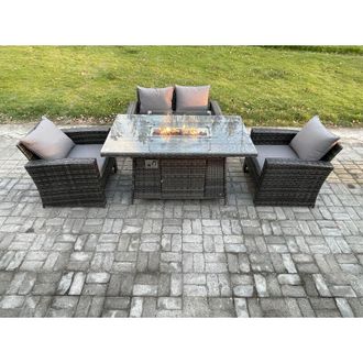 Fimous 4 Seater Outdoor Rattan Sofa Set Garden Furniture Gas Firepit Dining Table Heater Dark Grey Mixed - Fimous