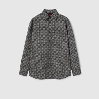 Gucci GG Gingham Cotton Wool Jacquard Shirt, Size 42, Grey, Ready-to-wear