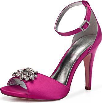 Generic Wedding Shoes Womens Heels Bridal Ankle Strap Open Toe Heels Stiletto High Heeled Sandals for Prom, Party, Daily Wear 10.5Cm,Rose red,3 UK