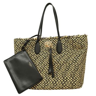 Ferragamo Beige Black Straw Tote Bag (Pre-Owned)
