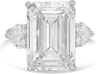 Diana M. Jewels Platinum Lab grown 8ct Emerald diamond ring with heart diamonds on the side and micropave band