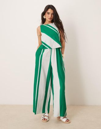 Asos double layer jumpsuit with open back in green white stripe-Multi