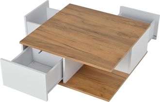 STILVORA Mesa De Centro Cuadrada Con 3 Cajones Y Hueco Abierto, Acabado Brillante, En Tablero De Part&iacute;culas, Blanco Y Nogal, 70&times;70&times;31,5 Cm