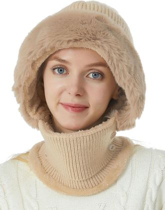 Feoya Women Winter Beanie Hats 2 in 1 Fleece Balaclava Hat Scarf Set with Pompon Thick Neck Warmer Hat Mask Set One Piece A-Khaki