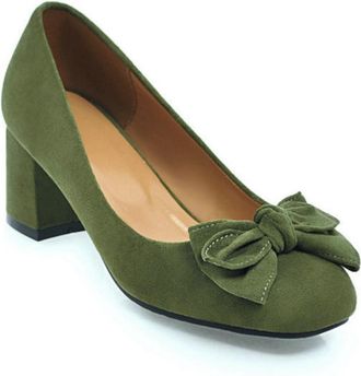 Generic Womens Block Heel Court Shoes Slip-On Suede Everyday Casual Pumps Evening Party Heels with Bow,Green,5.5 UK
