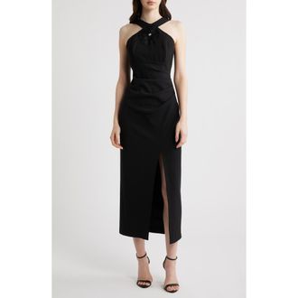 Eliza J Halter Neck Ruched Cocktail Dress in Black at Nordstrom, Size 14