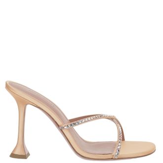 Amina Muaddi Satin Sandals With Crystal Embellishments And Flared Heel