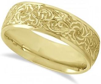 Allurez Hand-Engraved Flower Wedding Ring Wide Band 18k Yellow Gold (7mm)
