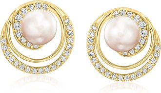 Ross-Simons 6mm Cultured Pearl Swirl Earrings With. Lab-Grown Diamonds in 18kt Gold Over Sterling