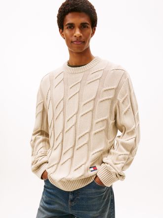 Tommy Jeans Rundhalspullover TOMMY JEANS TJM REG CHUNKY CABLE, Herren, Gr. L, gulf sand, Strick, Obermaterial: 100% Baumwolle, regular fit, Rundhals, Rippb&uuml;ndchen