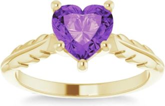 Pompeii3 7mm Amethyst Solitaire Heart Shape Leaf Accent Ring in 14k White or Yellow Gold