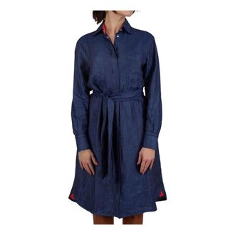 Kiton Shirt Dresses, female, Blue, Size: S Button-Clip Linen Shirt