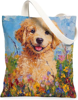 Generic Spring Golden Retriever Dog Canvas Tote Bag for Shopping 13x15, Oil Painting Wildflower Puppy Reusable Grocery Print Pattern Bag for Women, Fun Pet Be