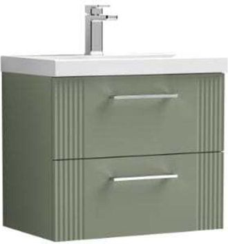 Nuie Nuie Deco Satin Green 600mm Wall Hung 2 Drawer Vanity Unit and Minimalist Ceramic Basin - DPF893B