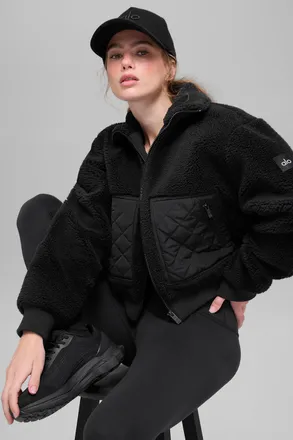 Alo | Sherpa Edge Bomber Jacket in Black, Size: Medium