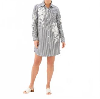 Karen Kane Roll-Tab Stripe Embroidered Shirtdress In Black With Off White