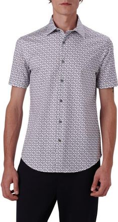 Bugatchi Miles OoohCotton Geo Print Short Sleeve Button-Up Shirt in Cement at Nordstrom, Size Xxx-Large
