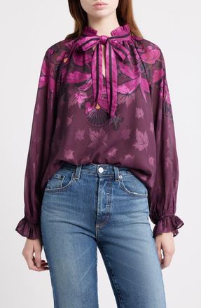 Ciebon Kimi Leaf Print Tie Neck Top in Burgundy Multi at Nordstrom, Size X-Small