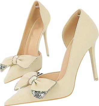 Generic Women Pointed Toe High Heel Pumps Rhinestone Bow Wedding Office Party Dress Shoes White