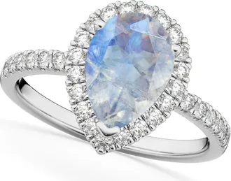 Allurez Pear Cut Halo Moonstone & Diamond Engagement Ring 14K in 2.51Ct/white Gold at Nordstrom, Size 6.5