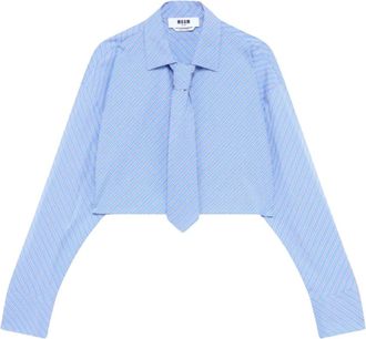 Msgm Camicia crop in popeline a righe con cravatta - Dames - Overhemden - Blauw - S - Katoen - Overhemden