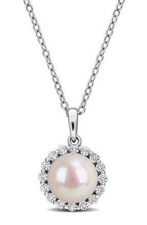 Delmar Sterling Silver Cultured White Pearl & Lab Grown White Sapphire Halo Pendant Necklace at Nordstrom Rack