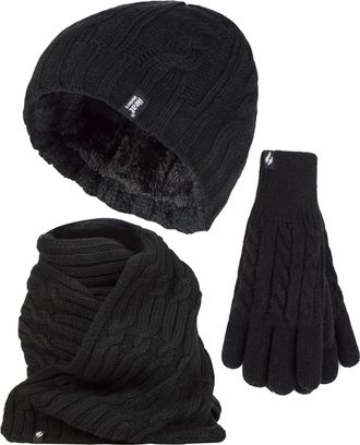 Heat Holders Dames Gebreide Muts Handschoen & Sjaal Set - Zwart