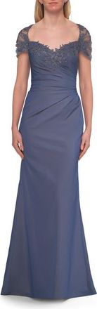 La Femme Embroidered Lace Sleeve Gown with Keyhole Back in Slate Blue at Nordstrom, Size 20