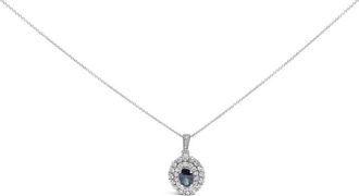House of Brilliance 14K White Gold Oval Blue Sapphire and 3/4 Cttw Diamond Halo Pendant Necklace