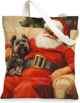 Generic Christmas Scottish Terrier Dog Canvas Tote Bag for Shopping 13x15, Xmas Santa Puppy Reusable Grocery Print Pattern Bag for Women, Pet New Year Beach A