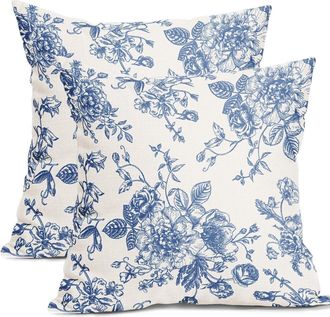 OEM Funda De Almohada De Lino Y Algod&oacute;n Con Estampado Floral Azul Vintage De 45 X 45 Cm (paquete De 2)