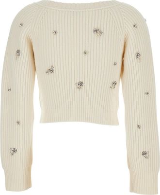 SIMKHAI Womens White Cropped Rhinestoned Cardigan With V Neck Wool Tops Top