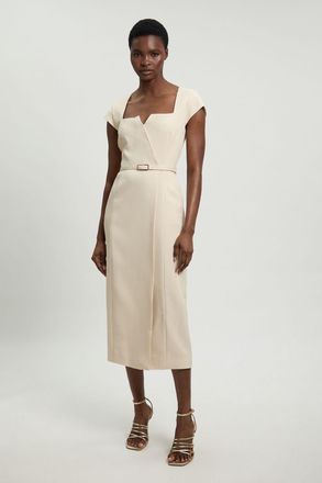 Karen Millen Womens Viscose Blend Belted Square Neck Tailored Pencil Dress - Cream - Size 12 UK