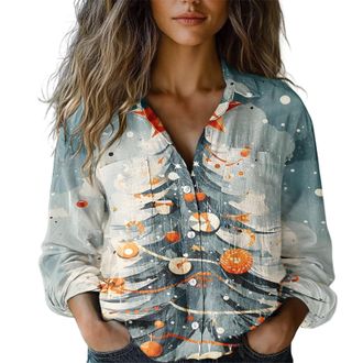 Generic Womens Casual Christmas Long Sleeve Button Down Shirt - Printed Holiday Patterns for Family Gatherings & Xmas Parties (UK, Alpha, XXL, Regular, Regula