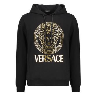 Versace Hoodies, male, Black, Size: 2XL Cotton Hoodie with Front Logo Print