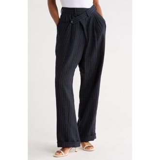 R13 Triple Pleated Crossover Linen Pants in Dark Navy Stripe Blue at Nordstrom Rack, Size 30