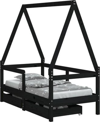 vidaXL Kids Bed Frame with Drawers Black 70x140 cm Solid Wood Pine Vidaxl