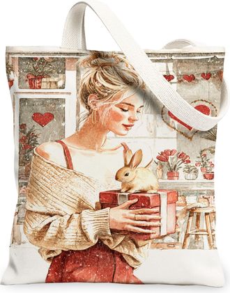 Generic Floral Rabbit Canvas Tote Bags, Vintage Heart Design Reusable Grocery Bags, Lightweight Washable Shoulder Strap Canvas for, White, 13x15 Inch