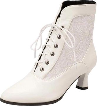 Generic Womens Victorian Ankle Boots Leather Lace-Up Spliced High Heel Vintage Dress Shoes