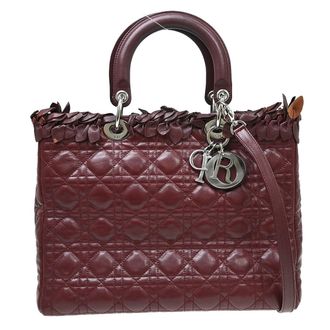 Dior Lady Dior Cannage Quilt Lambskin With Crystal Detail Burgundy Leather Handbag (Pre-Owned)