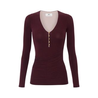 Elisabetta Franchi Long Sleeve Tops, female, Red, Size: L Ribbed Cupro Top with Button Detail