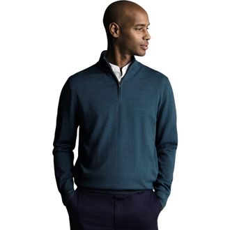 CHARLES TYRWHITT Merino Zip Neck Long Sleeve Sweater in Teal Green at Nordstrom, Size Xxx-Large