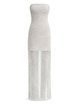 Rotate Strapless Long Lace Dress with Intricate Floral Patterns
