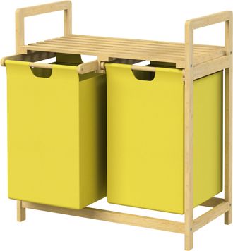 ML Design Ml-design - Cesto Para La Colada De Bamb&uacute; Amarillo Caja Para La Ropa Sucia Con 2 Compartimentos Recogedor Con 2 Bolsas Extensibles 60 L Cubo Con Estan