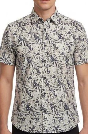 Report Collection Leaf Print Short Sleeve Linen & Cotton Blend Button-Up Shirt in Navy at Nordstrom Rack, Size Xx-Large