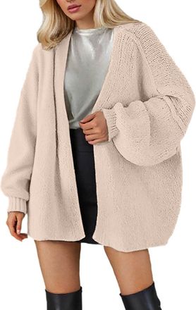 Generic Chunky Cable Knit Cardigans for Women UK Plus Size Balloon Sleeve Sweater Casual Open Front Jumpers Long Sleeve Oversize Cardigan Sweater S-5XL (Beige