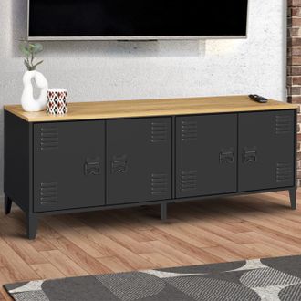 IDMarket Ester Aparador Bajo De 4 Puertas Con Tapa De Metal Negro Y Madera De Dise&ntilde;o Industrial 140 Cm