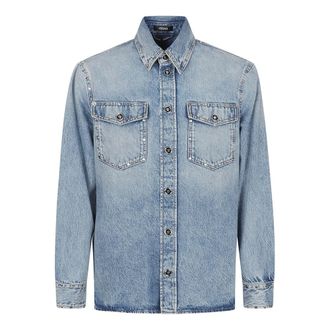 Versace Denim Shirts, male, Blue, Size: XL Embellished Denim Overshirt