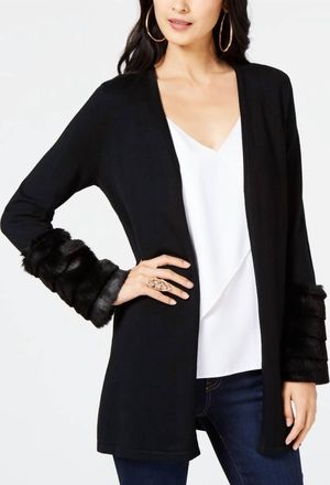 Thalia Sodi Womens Faux Fur Cuff Cardigan In Black