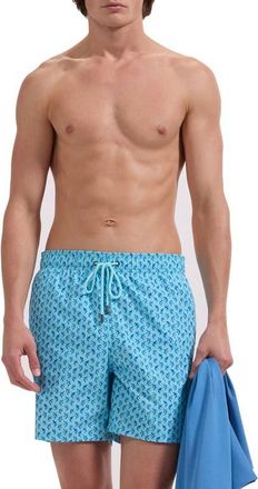 Bugatchi Kai Dolphin Print Swim Trunks in Aqua at Nordstrom, Size X-Large